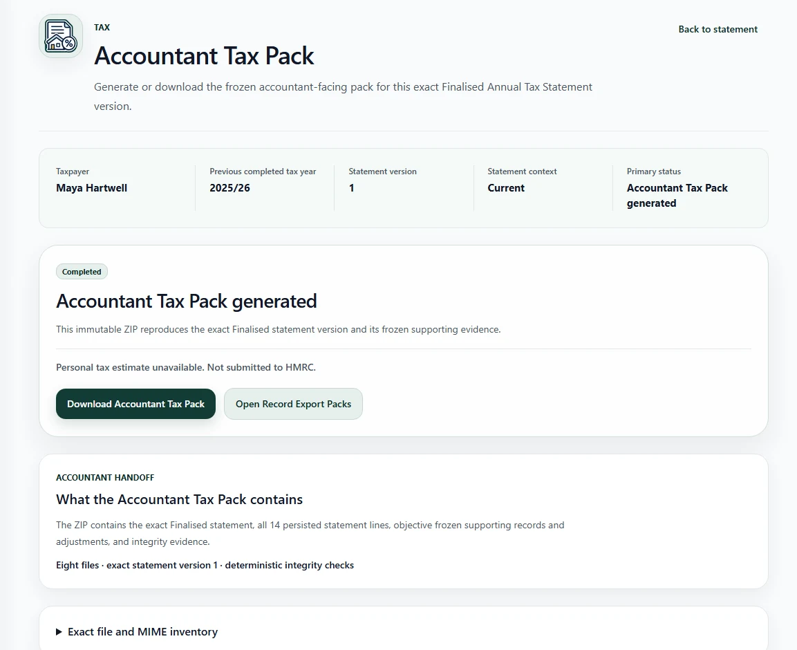 A generated RentReturn Accountant Tax Pack for Maya Hartwell's Finalised 2025/26 Annual statement, ready to download and not submitted to HMRC.